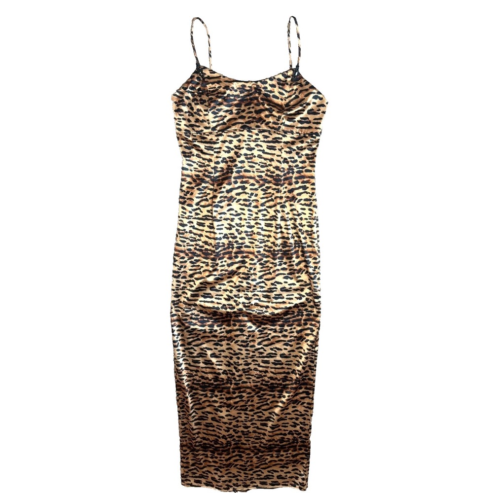 Vintage Jessica McClintock Gunne Sax Leopard Satin Maxi Dress 90s Size 11/12